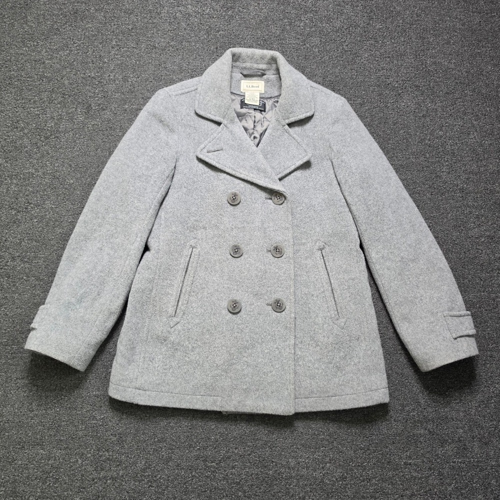 LL Bean Pea Coat Gray Womens 6 Reg Wool Bellandi Italian Fabric Nautical Buttons
